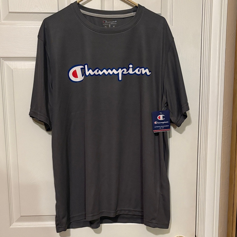 NWT Champion athletic grey shirt, men’s XL, polyester, large logo name
